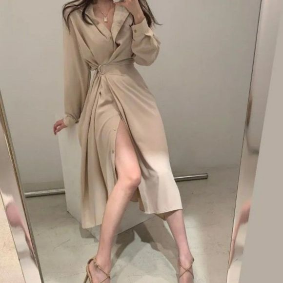 Dresses & Skirts - Puff-Sleeve Buckled Midi A-Line Dress